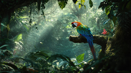 Brightly colored Macaw parrot perched on a branch, blending beautifully with a dense, green forest background in tropical sunlight.の素材