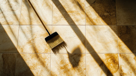 Broom sweeping debris into a dustpan on a tile floor, capturing a quick cleaning moment in a modern household.の素材