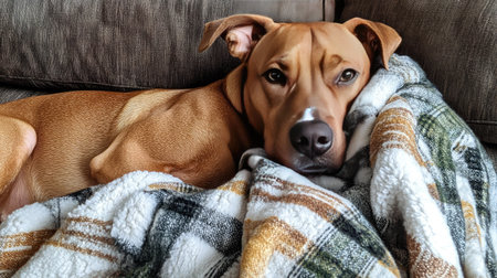 Brown dog tucked under a soft plaid blanket, comfortably resting on a couch, cozy and safe at home.の素材