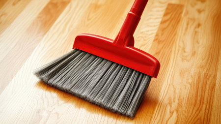 Broom sweeping dust into a dustpan on a wooden floor, capturing the act of maintaining a clean home environment.の素材