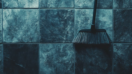 A neatly placed broom and dustpan on a tile floor, showing a tidy, practical cleaning solution for any household.の素材