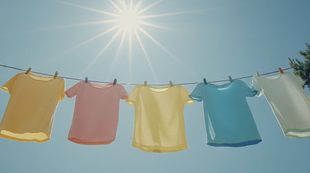 Casual clothes in various colors drying on a clothesline with a bright, sunny sky above, capturing an eco-friendly laundry scene.の素材