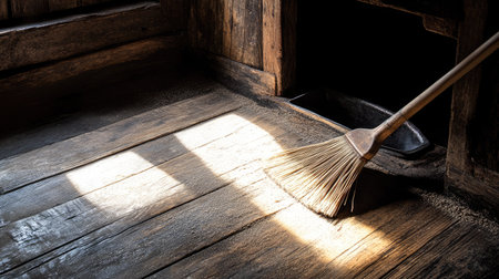 Broom sweeping dust into a dustpan on a wooden floor, capturing the act of maintaining a clean home environment.の素材
