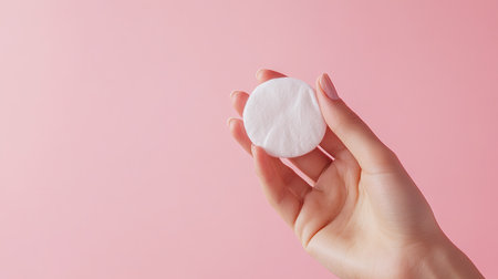 Close-up of a single cotton pad held between fingers, ideal for makeup removal, skincare, or beauty use, with a plain background.の素材