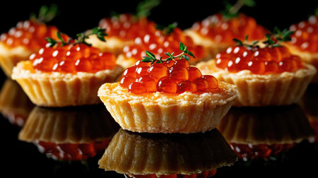 Close-up of tartlets with fresh red caviar and herbs, isolated on a black background, capturing high-end dining appeal.の素材
