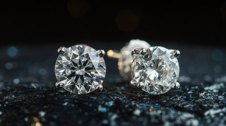 Close-up of dazzling women's diamond earrings on a black background, capturing intricate detail and high-end sophistication.の素材