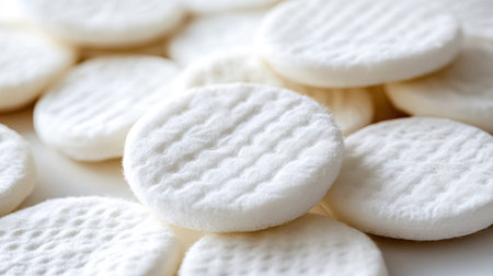 Close-up of fluffy cotton pads, showing soft and gentle texture for skincare, beauty, or makeup removal use.の素材