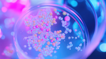 Close-up shot of bacterial culture in Petri dish, with colorful growth on agar, under bright lighting, representing life sciences.の素材