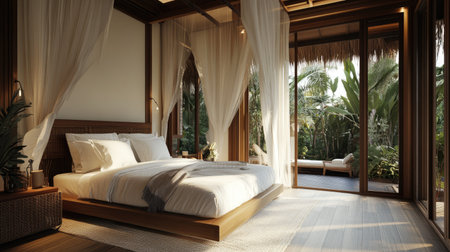 A luxury resort bed with neatly arranged white pillows and a cozy, inviting atmosphere.の素材