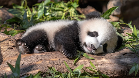 Baby panda sleeping on a log with a peaceful expression, surrounded by green foliage, showcasing its adorable, sleepy side.の素材