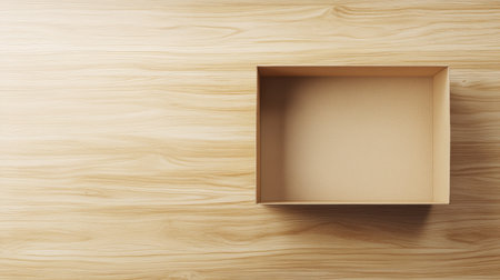 Cardboard box open and empty on a background of light wood, ideal for a moving, storage, or shipping concept.の素材