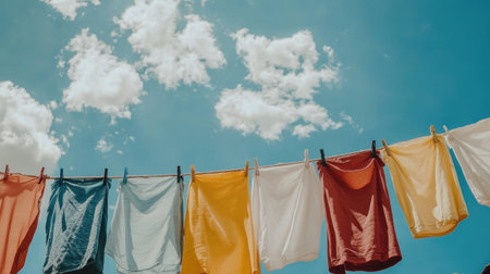 Casual clothes in various colors drying on a clothesline with a bright, sunny sky above, capturing an eco-friendly laundry scene.の素材