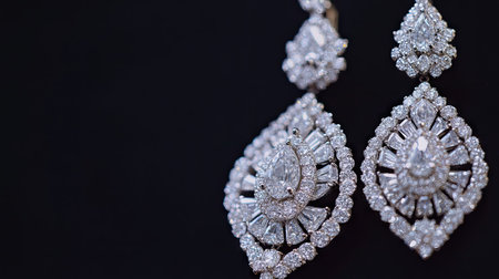 Close-up of elegant women's diamond earrings, sparkling against a black background, showcasing intricate details and luxurious brilliance.の素材