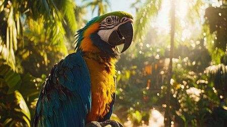 Beautiful blue and yellow Macaw parrot on a branch, surrounded by sunlight and green foliage, capturing a serene tropical moment.の素材