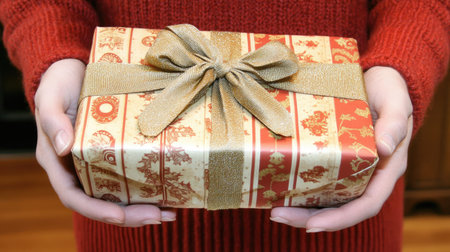 Close-up of Christmas gift wrapped in a ribbon, gently held in hands, capturing the essence of holiday giving.の素材