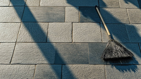 Broom and dustpan set on a tile floor, ready for cleaning, creating a sense of order and tidiness in a minimalist setting.の素材