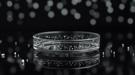 Close-up of a single Petri dish with visible microorganism colonies, on a reflective lab surface, representing research in microbiology.の素材