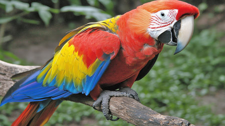 Close-up of a colorful Macaw parrot sitting on a branch, displaying vivid red, blue, and yellow plumage in a tropical jungle setting.の素材