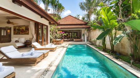 Clean, sparkling pool in a private villa, set against a backdrop of contemporary design and greenery, no people, with a relaxing vibe.の素材