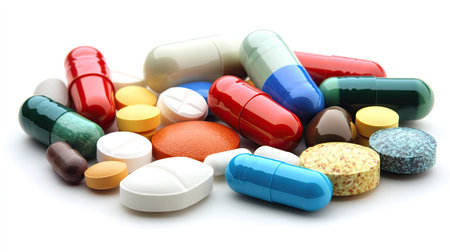 Collection of vibrant pills on a light background, showcasing a variety of healthcare and medicine options.の素材