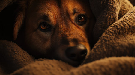 Close-up of a dog's face peeking out from a blanket, showing a cozy moment filled with warmth and comfort.の素材