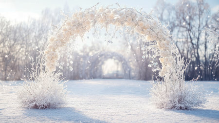 A winter wedding arch with frosted branches, white roses, and sparkling crystal accents, standing in a snowy landscape.の素材