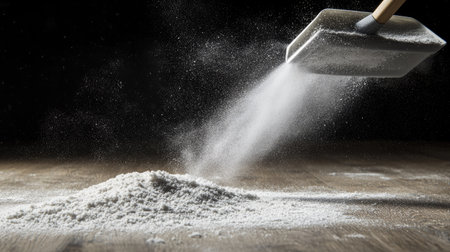 Close-up of a small pile of dust being swept into a dustpan with a broom, capturing a cleaning moment in action.の素材