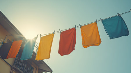 Bright clothes drying on a line against a clear sky, fluttering in the breeze, evoking a natural, clean laundry day.の素材