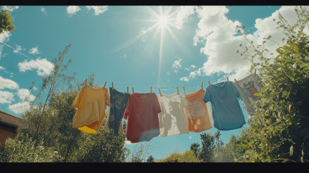 A variety of children's clothes drying on a washing line against a sunny, blue sky, capturing the warmth and cleanliness of outdoor drying.の素材