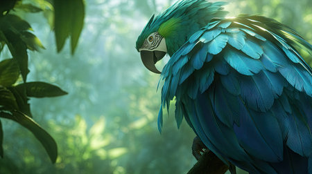 Close-up of a green and blue Macaw perched on a branch, feathers illuminated by natural light in a tropical forest.の素材