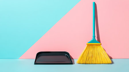 Broom and dustpan placed on a smooth surface, ready for use, symbolizing the essentials of a clean, organized living space.の素材
