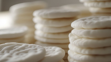 Close-up of cotton pads stacked neatly, perfect for a spa-like skincare experience and gentle cleansing.の素材