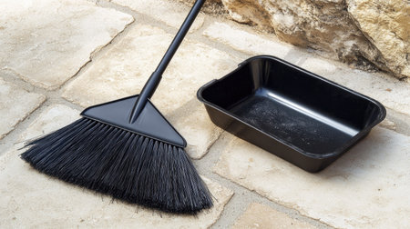 Black broom and dustpan resting on a tile floor, a practical, stylish solution for a minimalist cleaning setup.の素材