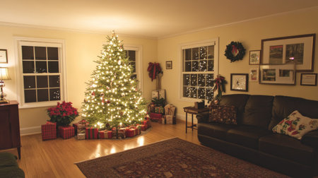 Brightly decorated Christmas tree in a warm living room, with glowing lights, gifts, and a cozy, festive ambiance capturing holiday spirit.の素材