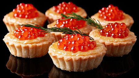 Close-up of tartlets with fresh red caviar and herbs, isolated on a black background, capturing high-end dining appeal.の素材
