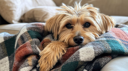 Brown dog tucked under a soft plaid blanket, comfortably resting on a couch, cozy and safe at home.の素材