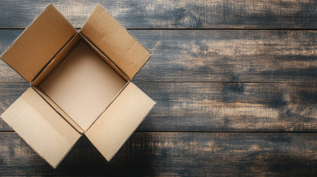 Cardboard box open and empty on a wood table, showing flaps spread wide, ideal for a shipping, delivery, or moving theme.の素材