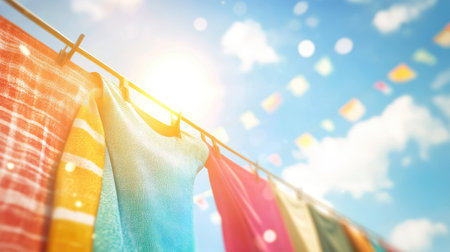 Casual garments blowing in the wind on a washing line with a blue sky and light clouds, perfect for eco-friendly laundry themes.の素材