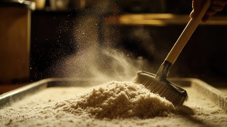 Close-up of a small pile of dust being swept into a dustpan with a broom, capturing a cleaning moment in action.の素材