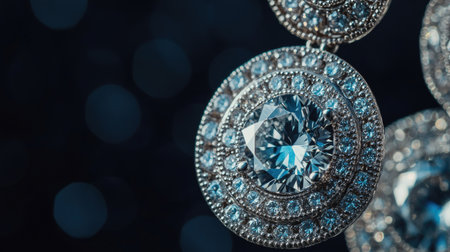 Close-up of elegant women's diamond earrings, sparkling against a black background, showcasing intricate details and luxurious brilliance.の素材