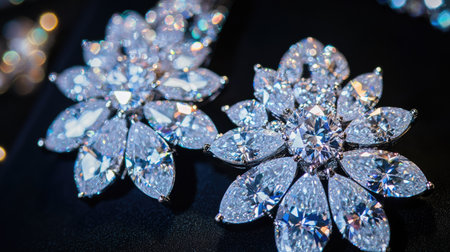 Close-up of dazzling women's diamond earrings on a black background, capturing intricate detail and high-end sophistication.の素材
