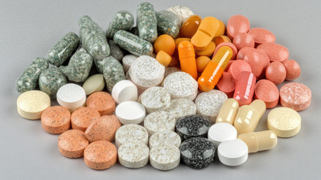 Collection of pills in various colors and shapes on a neutral background, symbolizing healthcare and medication variety.の素材