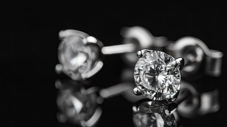 Close-up of dazzling women's diamond earrings on a black background, capturing intricate detail and high-end sophistication.の素材