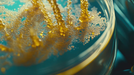 Close-up of a Petri dish with colonies of bacteria and fungi, placed on a sterile lab surface, showcasing biological diversity.の素材