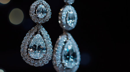 Close-up of elegant women's diamond earrings, sparkling against a black background, showcasing intricate details and luxurious brilliance.の素材