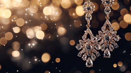 Close-up of elegant women's diamond earrings, sparkling against a black background, showcasing intricate details and luxurious brilliance.の素材