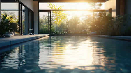 Clean, sparkling pool in a private villa, set against a backdrop of contemporary design and greenery, no people, with a relaxing vibe.の素材