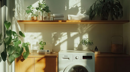 A well-lit laundry area with a minimalist aesthetic, featuring a white washing machine, wooden shelves, and green plants for decor.の素材