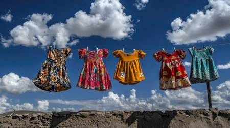 Colorful children's clothes drying on a line, with a bright sky and clouds behind, symbolizing freshness and playfulness.の素材