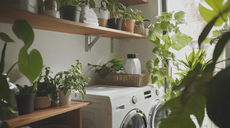 A well-lit laundry area with a minimalist aesthetic, featuring a white washing machine, wooden shelves, and green plants for decor.の素材